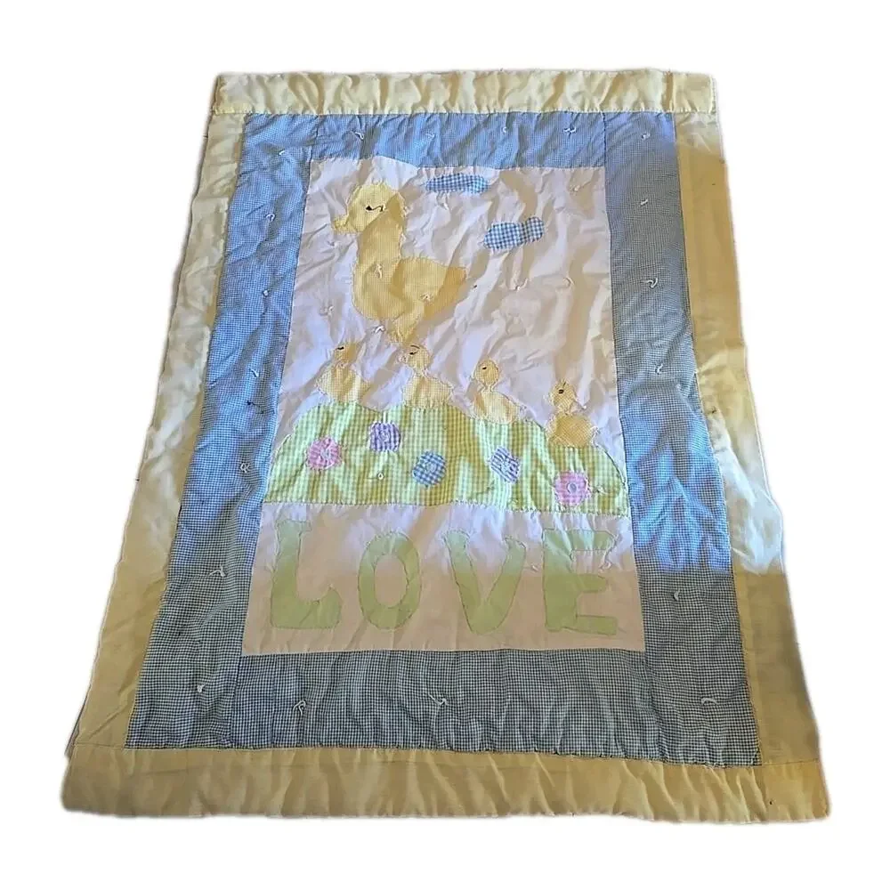 Cottagecore Baby Quilt‎ Yellow Duck Appliqué LOVE Nursery Wall Hanging Blanket